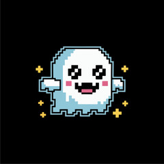 Fototapeta premium A cute and happy pixel art ghost character with a big smile, rosy cheeks, and sparkling stars on a solid black background.