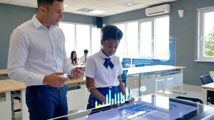 Teacher guides student using interactive smart board in modern classroom with holographic displays - Powered by Adobe
