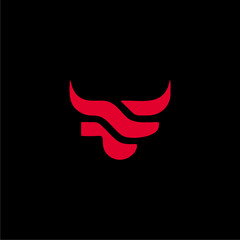 A stylized red bull logo with curved horns and a flowing mane against a stark black background, representing power and dynamism.