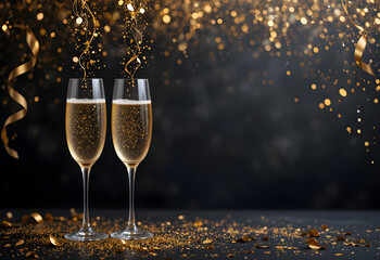 Elegant celebration with two glasses of champagne, golden confetti, and sparkling bokeh lights on a dark background