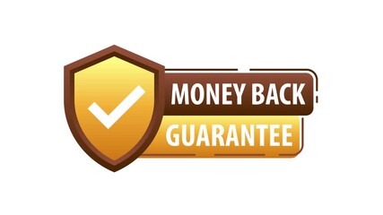Animated money back guarantee badge on white and green screen