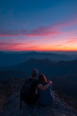 Fototapeta premium Romantic couple sitting on mountain cliff at sunset embracing while watching colorful sky and panoramic landscape, symbolizing love, adventure, travel, nature connection, and peaceful moment together