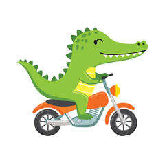 A charming cartoon crocodile riding a stylish motorcycle, exuding joy and adventure. The vibrant illustration captures a sense of fun and freedom
