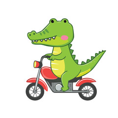 A cheerful cartoon crocodile riding a red motorcycle, symbolizing adventure and fun