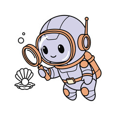 Astronaut searching for pearl with magnifying glass underwater vector illustration