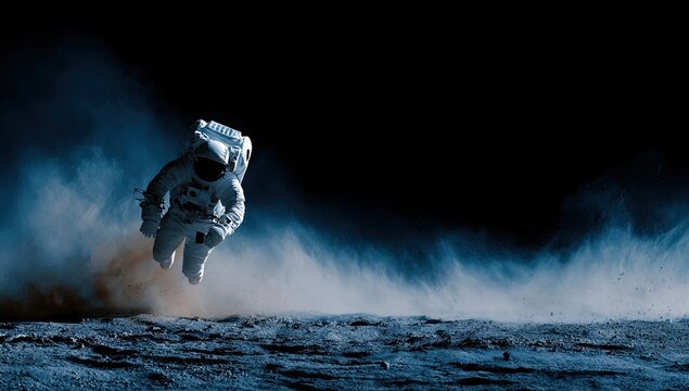 A lone astronaut in a white spacesuit floats above a dusty, dark lunar surface, propelled by a burst of dust and gas.