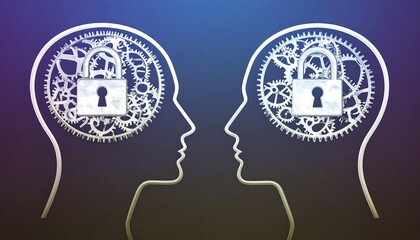 Profile view of two heads with intricate gears and a lock superimposed on the brain.
