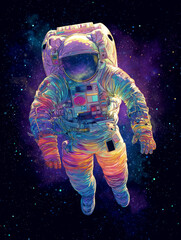 Fototapeta premium Vibrant astronaut made of swirling cosmic energy floats gracefully in vastness of space, surrounded by colorful galaxies and stars