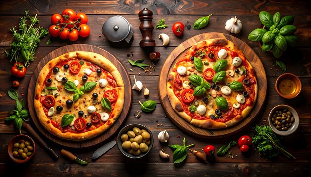 Two pizzas with assorted toppings arranged on a rustic wooden surface.