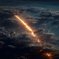 A fiery streak of light ascends through a dark, cloud-filled sky,  illuminated by shafts of sunlight piercing the atmosphere, leaving a glowing trail