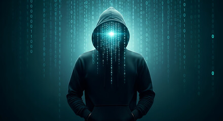 Hacker in hoodie with binary code overlayed