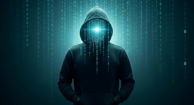 Hacker in hoodie with binary code overlayed