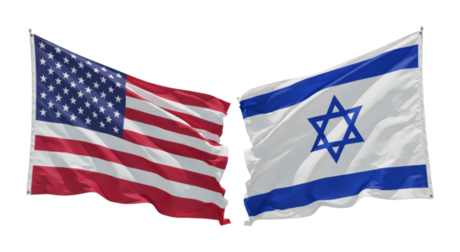 Joint flag display of united states and israel outdoor event symbolic representation global context isolated on transparent background