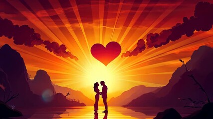 Romantic sunset silhouette with couple in love and heart in the sky animated video - Powered by Adobe