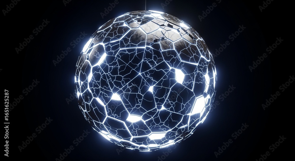 Poster a glowing cracked sphere suspended against a dark background with intricate geometric patterns visib