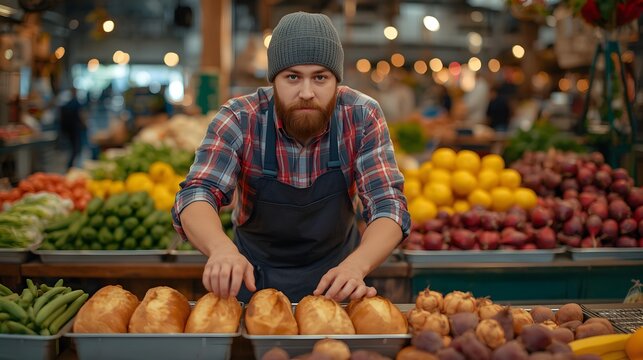 Authentic portrait of a male vendor at a colorful farmers market stall arranging fresh organic vegetables including potatoes, beets, zucchini, and beans in a rustic setting