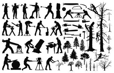 Lumberjack Silhouettes: A diverse collection of dark silhouettes depicts a range of lumberjack activities in a crisp, graphic display.