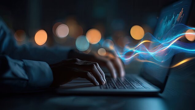 Night-time image of hands typing on a laptop with glowing data streams emanating from the screen, suggesting digital connectivity and data flow