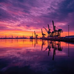 Obraz premium Vibrant sunrise paints the sky above a calm harbor, reflecting off the water; several industrial cranes stand silhouetted against the colorful sky