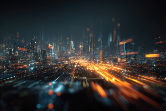 Blurred city at night with digital overlay