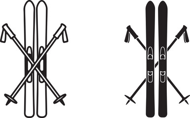 Vector Ski Icon:  Pair of Skis and Poles, Isolated Background, Simple Symbol, Black and White Sign.
