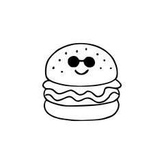 a line art drawing of a smiling burger with sunglasses 