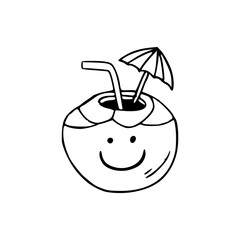 cute cartoon coconut with straw and umbrella
