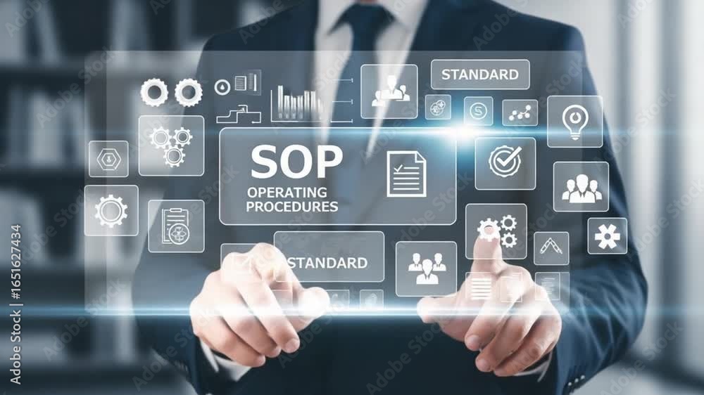 Poster man in suit touching sop operating procedures interface with icons and standard label on screen