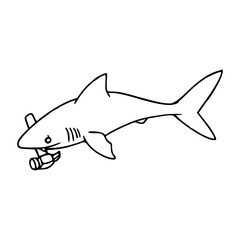 a whimsical shark with a hammer in its mouth
