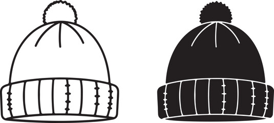 Winter Beanie Vector Icon:  Two Styles, Isolated Background,  Simple Line Art and Solid Black Symbol, Sign.