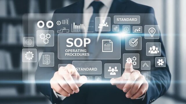 Man in suit touching sop operating procedures interface with icons and standard label on screen