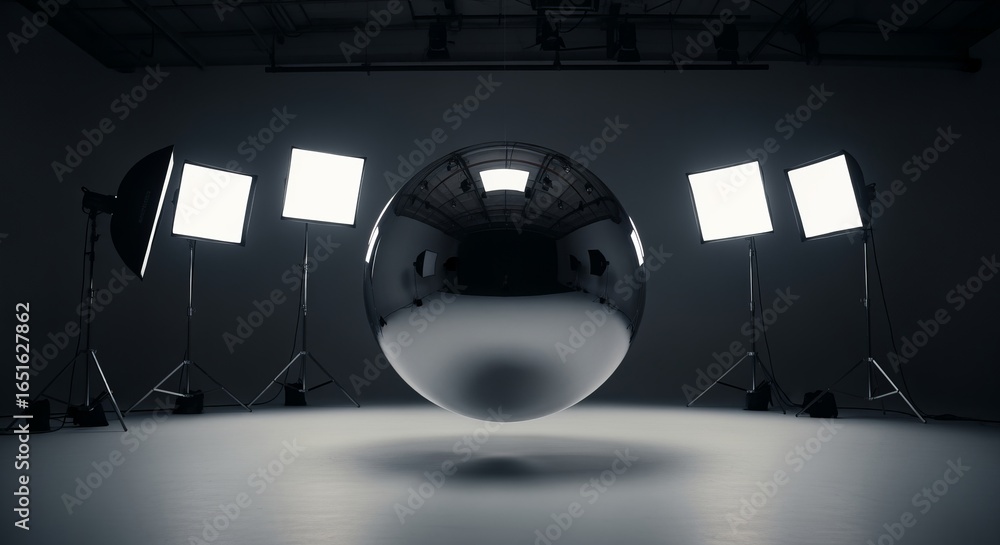 Poster a reflective sphere floats in a dark room illuminated by four softbox lights on tripod stands setup