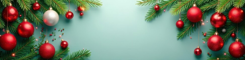 Festive red, green, white ornaments & branches frame Ideal for holiday cards , seasonal, festive