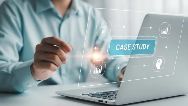 Man interacting with case study interface on laptop with light blue shirt in a bright setting