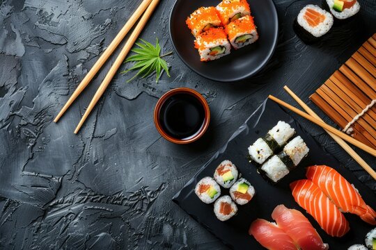 Fresh traditional Japanese sushi meal with salmon sashimi rolls on a plate with chopsticks