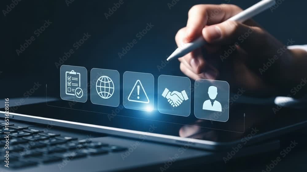 Poster a digital pen interacting with virtual icons on a laptop screen in a dark setting close up view