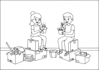 Line art illustration of a couple enjoying takeaway meals amidst