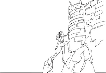 Continuous line drawing depicting woman scaling an architectural