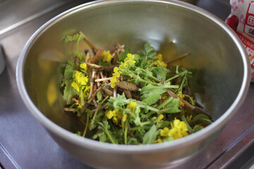 野草のかき揚げを作る様子