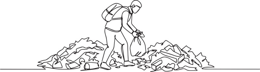 Fototapeta premium Single line drawing depicting person collecting garbage with gar