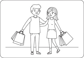 Linear drawing of couple carrying shopping bags, enjoying retail
