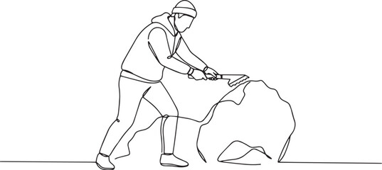 Single line illustration of a man using a saw on a pile of somet