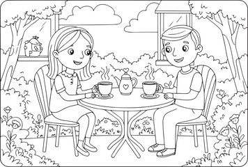 Charming Line Art: Couple Enjoying Coffee in a Garden Setting, R