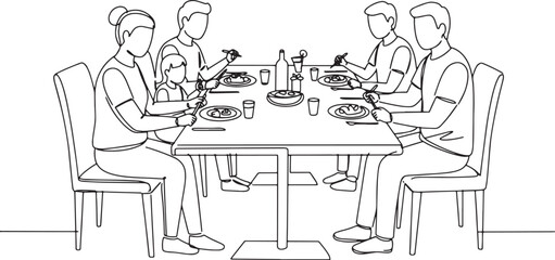 Stylized monochrome line art family enjoying meal together aroun