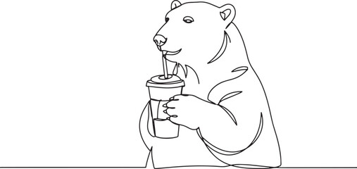 Continuous line drawing of polar bear enjoying a refreshing beve