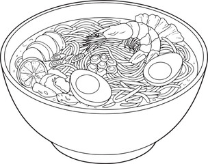 Detailed Line Art Depiction of Malaysian Laksa Noodle Soup Bowl