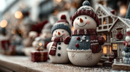 Obraz premium Charming Winter Snowmen and Festive Village Scene Decoration