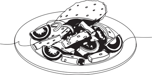 Line art illustration of a mexican nopales salad with tomatoes a