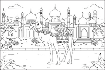 Naklejka premium Delightful camel coloring page with ornate saddle and detailed a