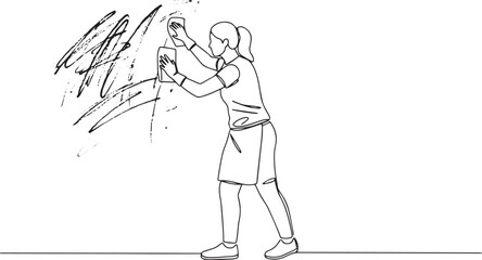Continuous line drawing of a woman cleaning graffiti off a wall
